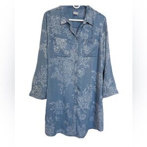 Chico’s Botanical Print Chambray Button Down Tunic Dress-2.5 Lg-Coastal Grandma